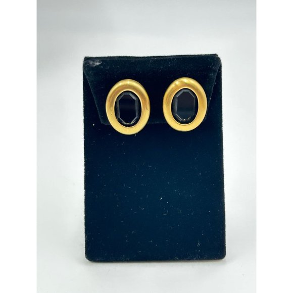 Signed CAROLEE Black Glass Matte Gold Tone Clips Statement Earrings Oval Shaped - Picture 4 of 9